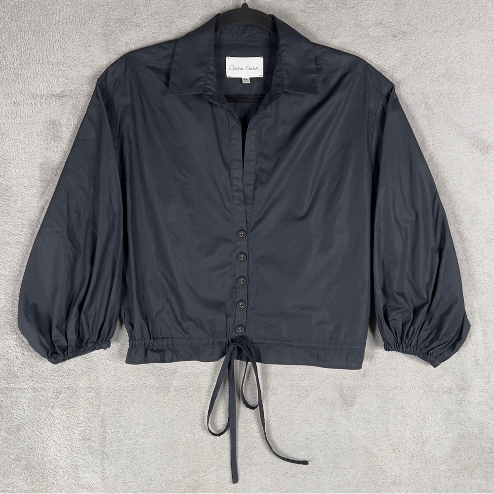 Cara Cara Hutton Top Black Cotton Poplin Cropped Button Up Women's XS Drawstring - Picture 3 of 13